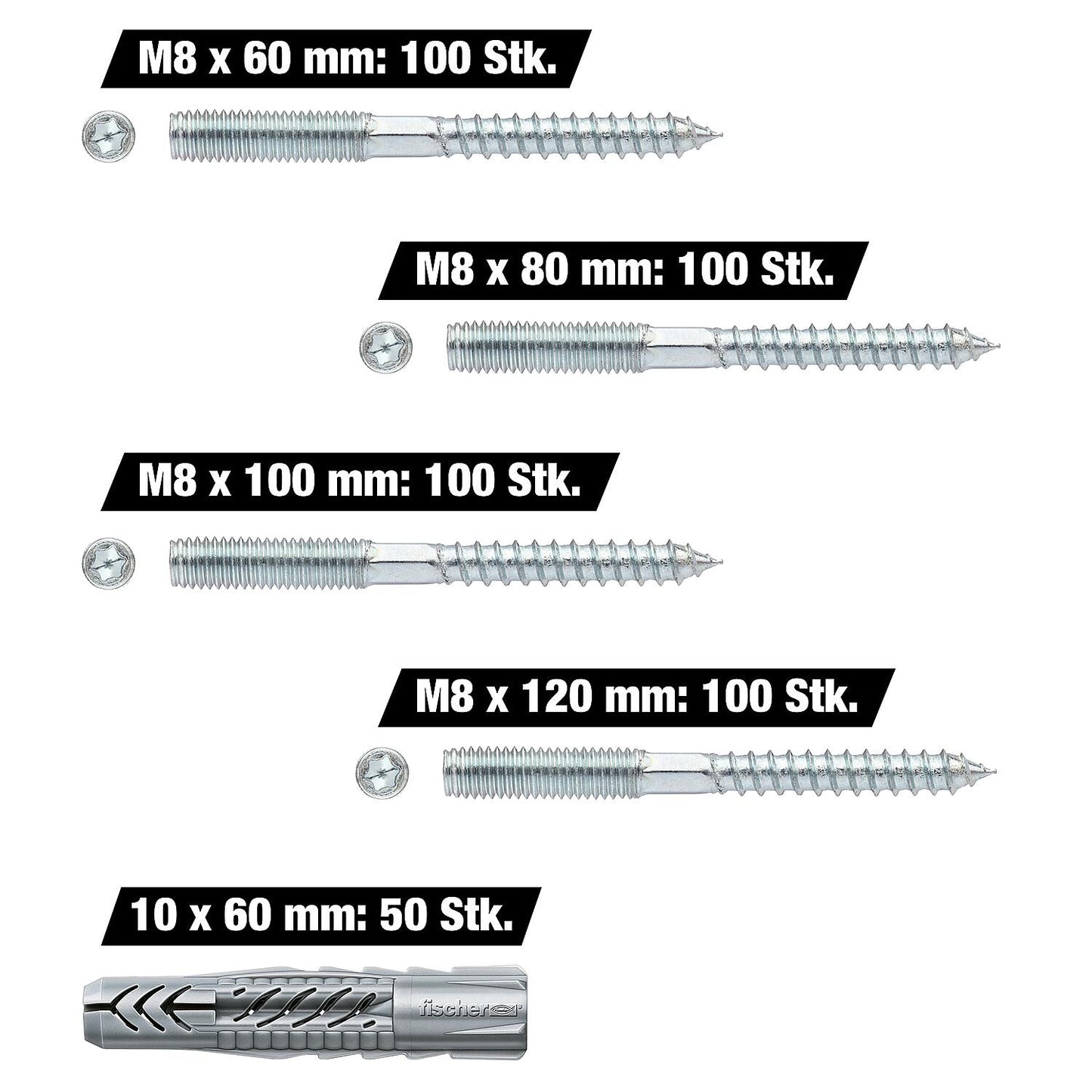 Value pack of M8 x 60-120 mm threaded rods, 400 pieces + free Fischer UX universal plugs, 50 pieces