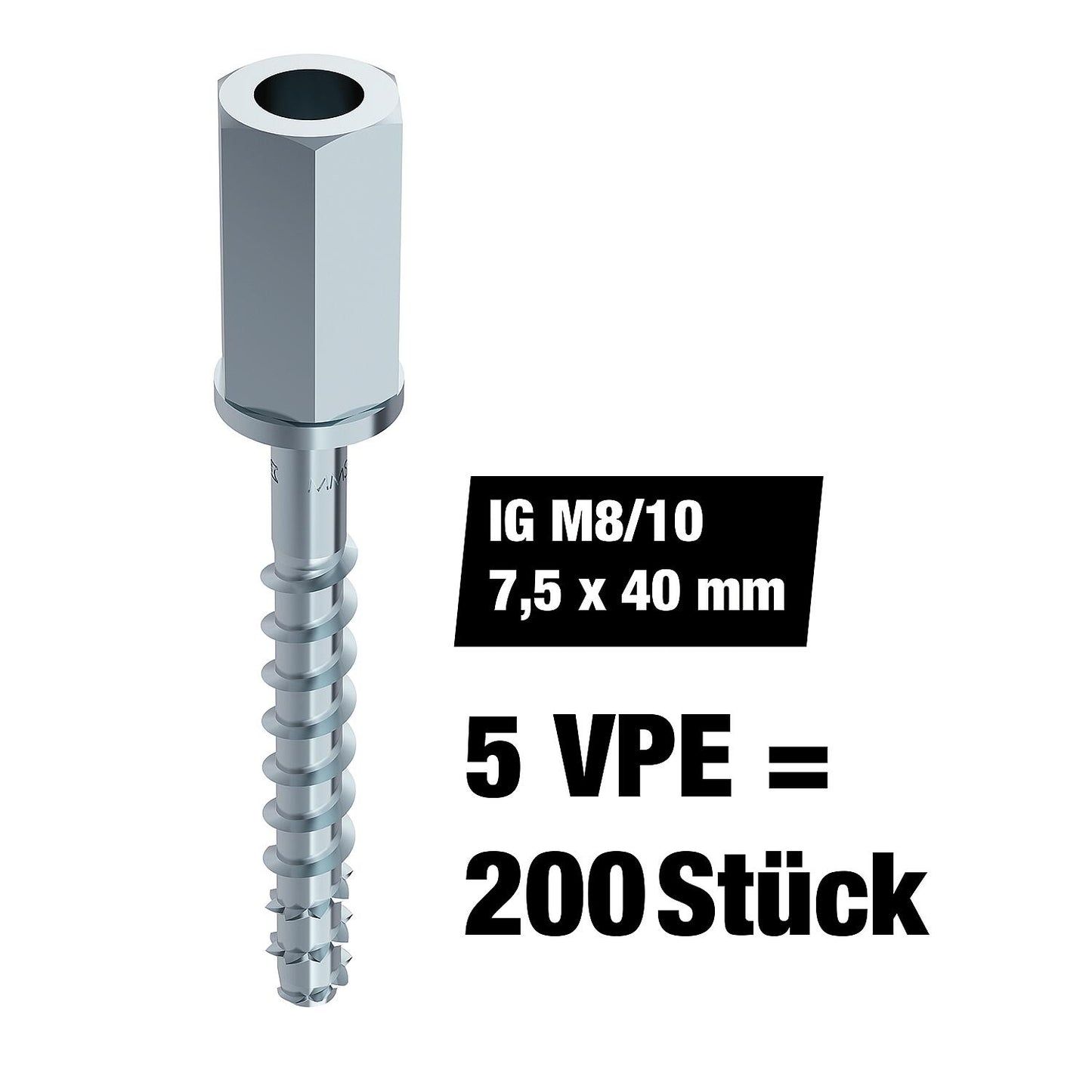 Lot économique de 200 vis à béton et maçonnerie Multi-Monti® Plus, à filetage hexagonal (filetage intérieur) M8/10, 7,5 x 40 mm