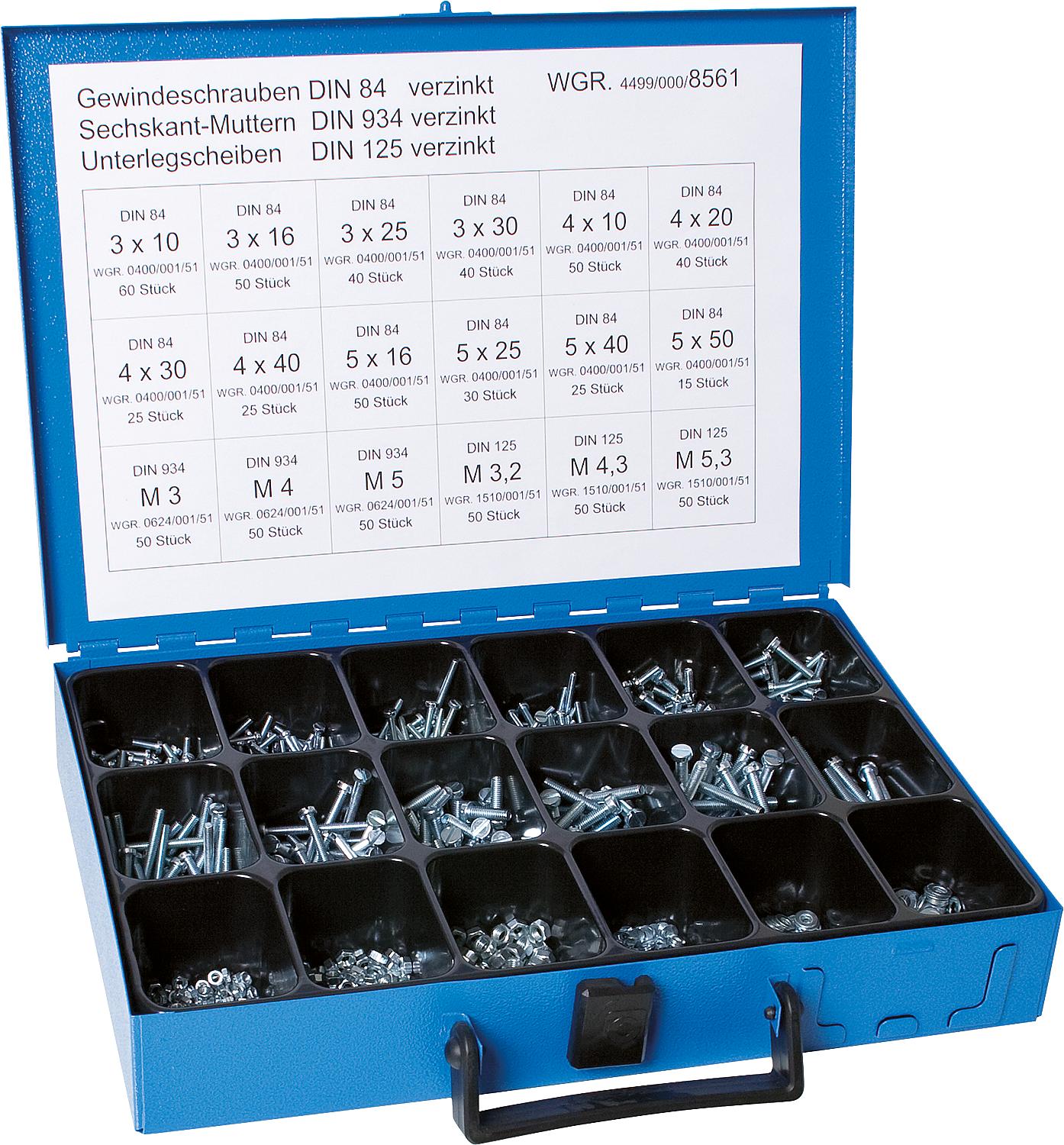 Assortment case filled with: Threaded screws DIN 84 / Nuts DIN 934 / Washers DIN 125