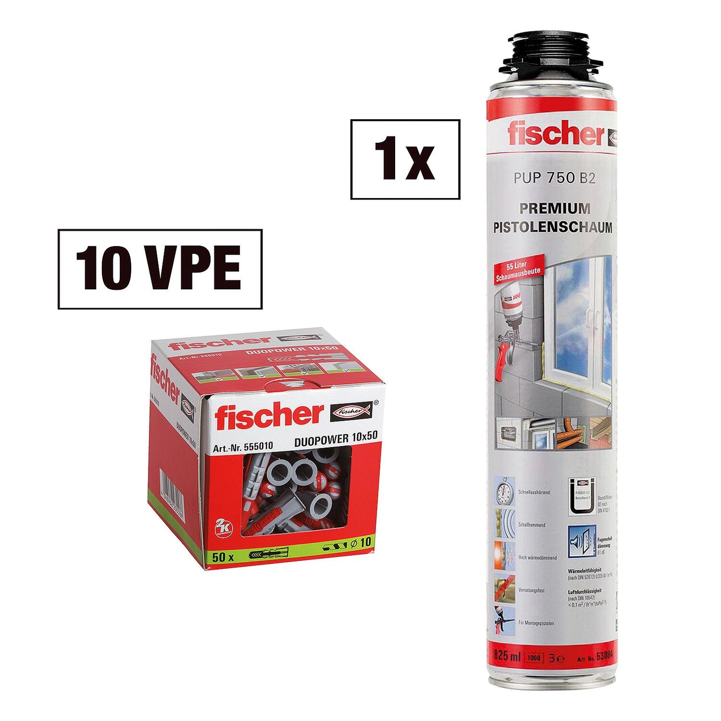 Lot de 10 paquets de 50 chevilles Fischer Duopower + 1 sachet de mousse PU offert