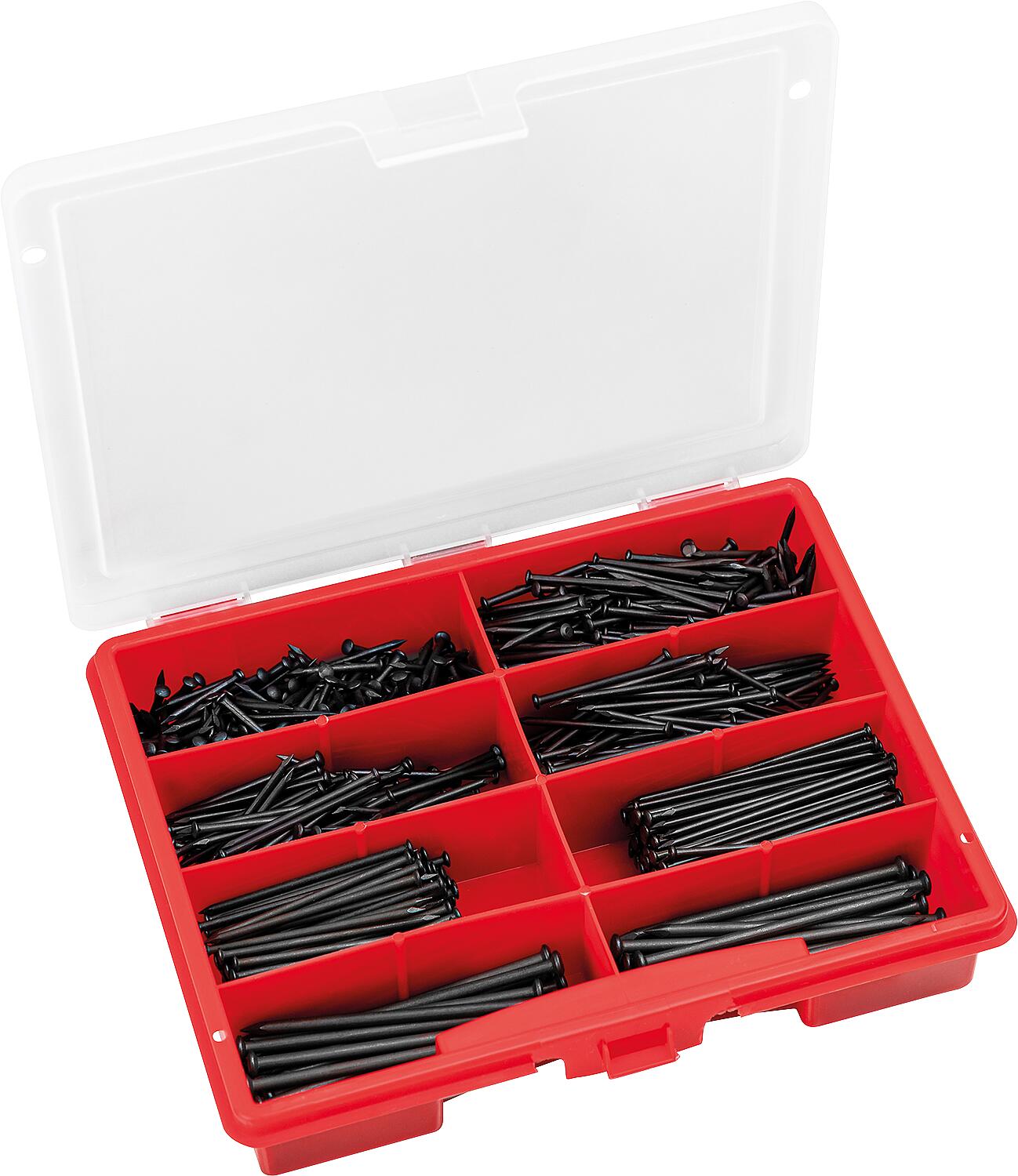 Assortment case of blued steel nails, 850 pieces