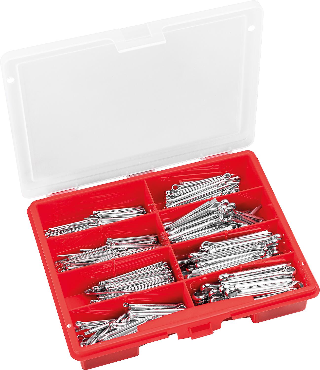 Assortment case for cotter pins DIN EN ISO 1234, electro-galvanized, 525 pieces