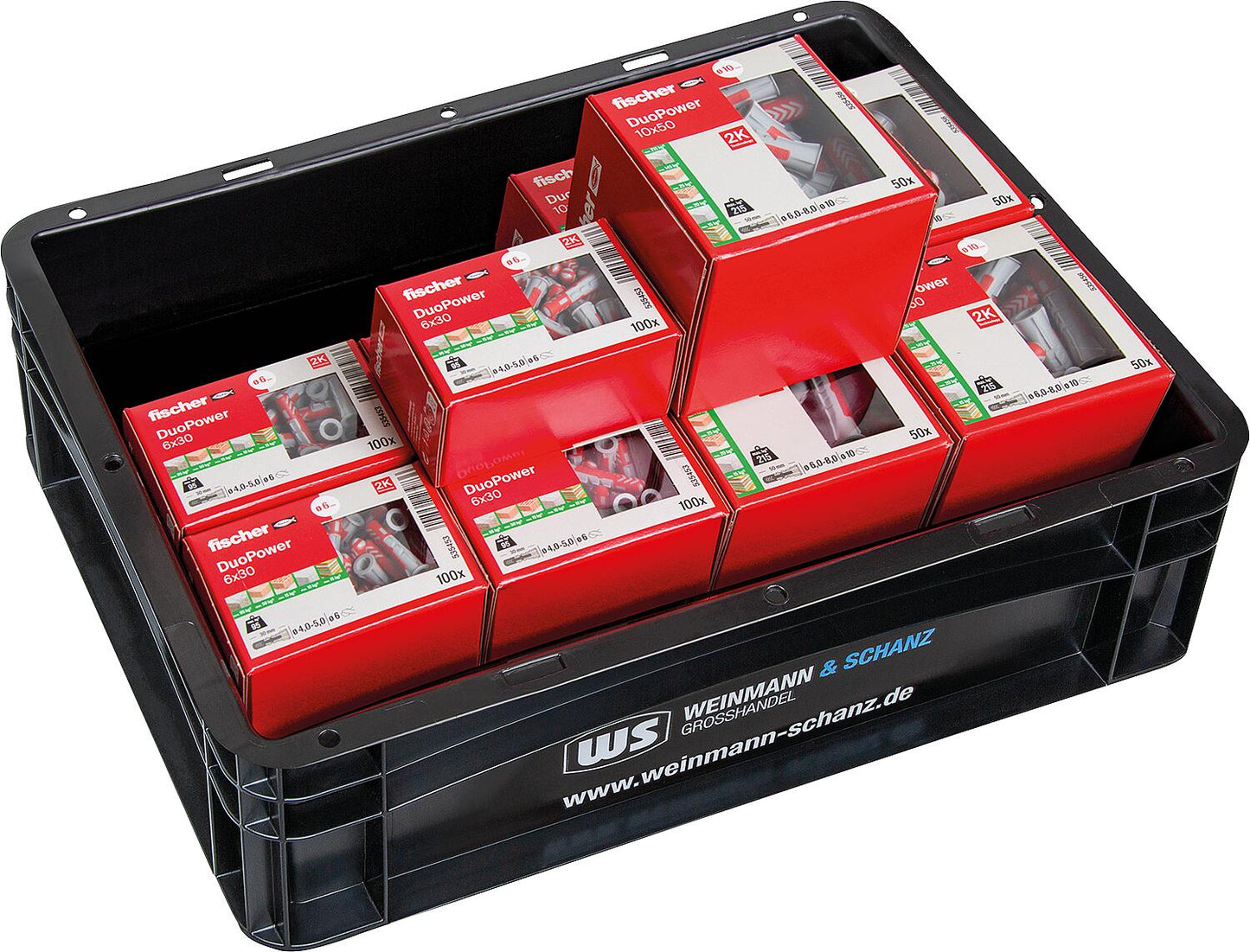 Pack économique WS + Fischer, chevilles DuoPower (5 paquets de 6 x 30 + 5 paquets de 10 x 50), 750 pièces + boîte WS offerte