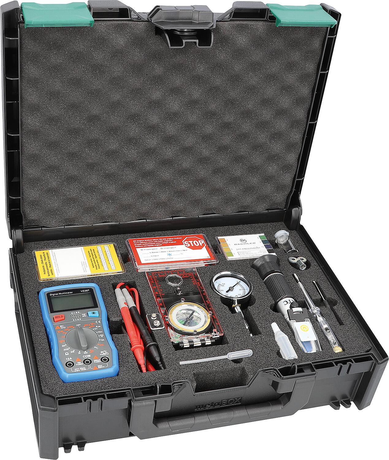 Solar test kit with hand refractometer, compass, multimeter, test strips