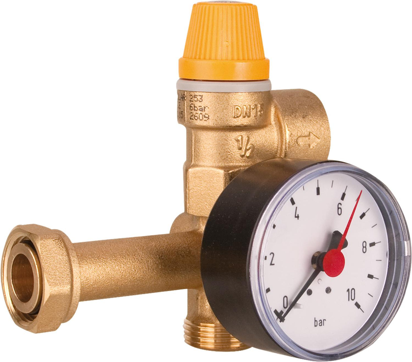 Groupe de sécurité pour circuit solaire Easyflow. Comprend une soupape de sécurité de 6 bars et un manomètre de 10 bars.