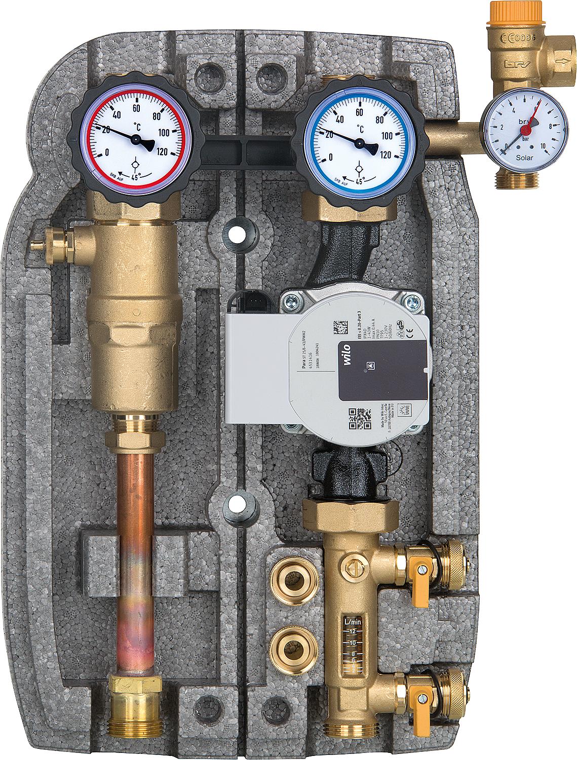 Easyflow 22mm twin-strand solar pump station, 8-28 l/min, air separator, Wilo Para ST25/6