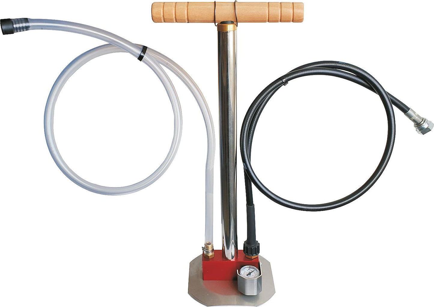 Hand-operated filling pump with stand, including suction and filling hose