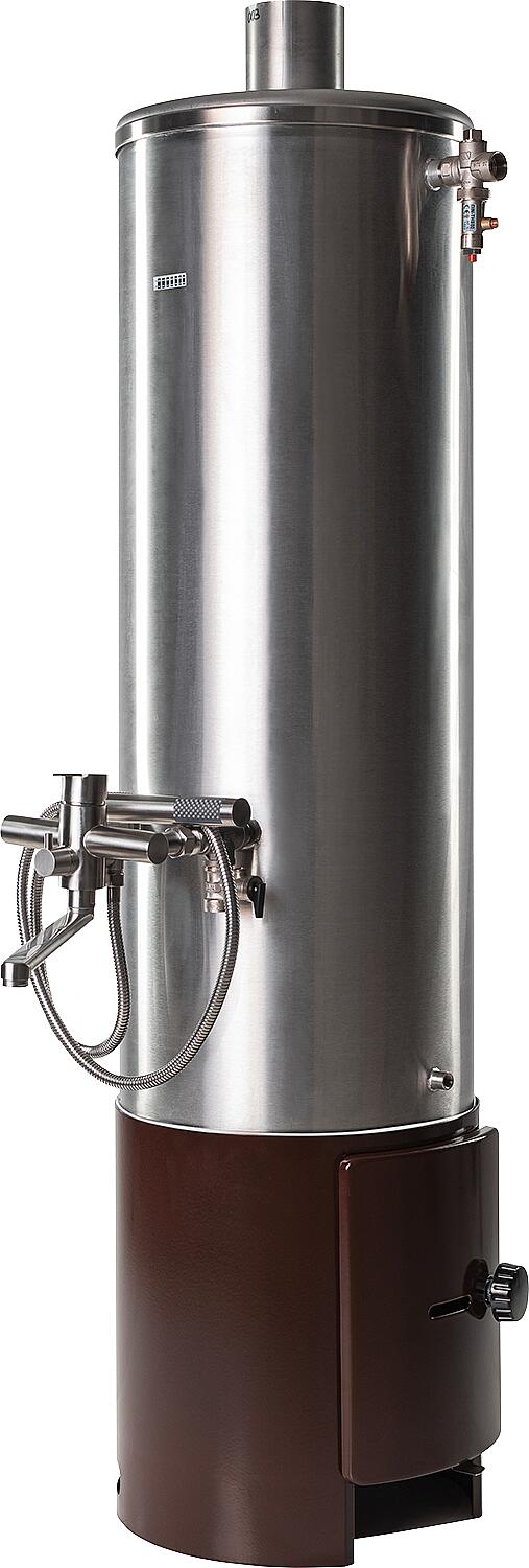 Badeofen druckfest D100 komplett - Oberofen Edelstahl 100L, Unterofen 100/6 schwarz, mit Einheblemischer