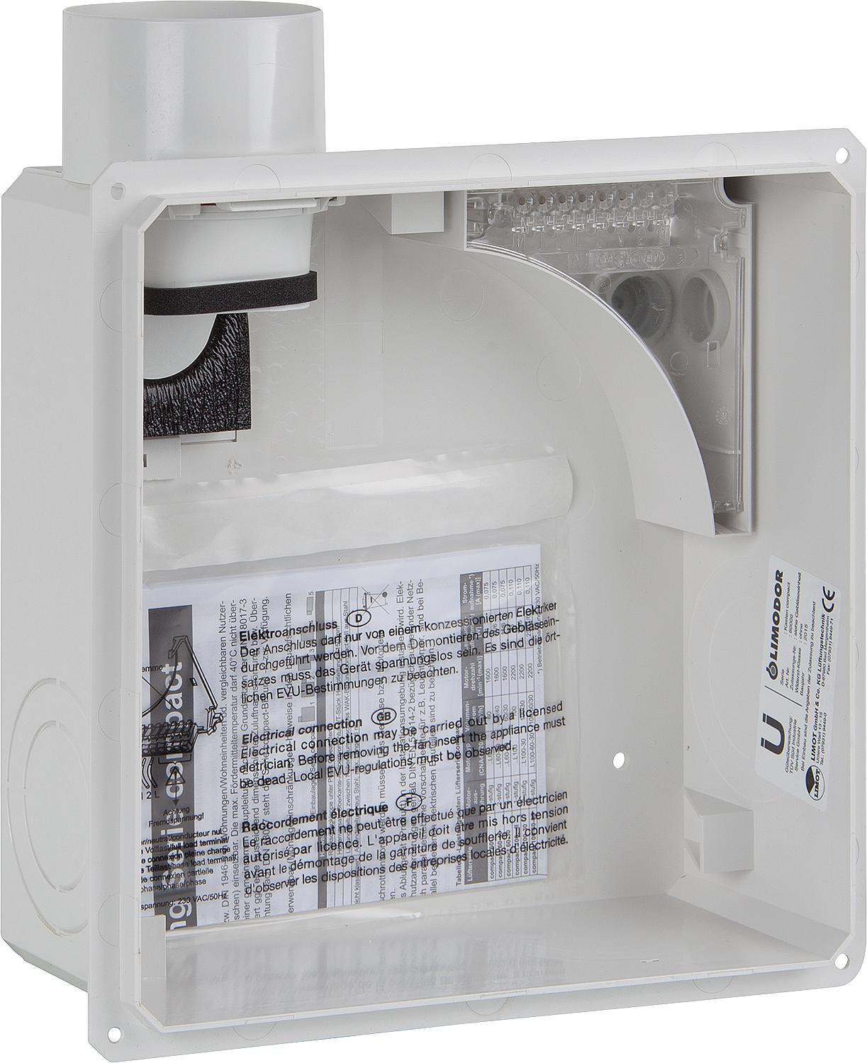 Limodor compact flush-mounted housing, DN80 exhaust air connection, side view