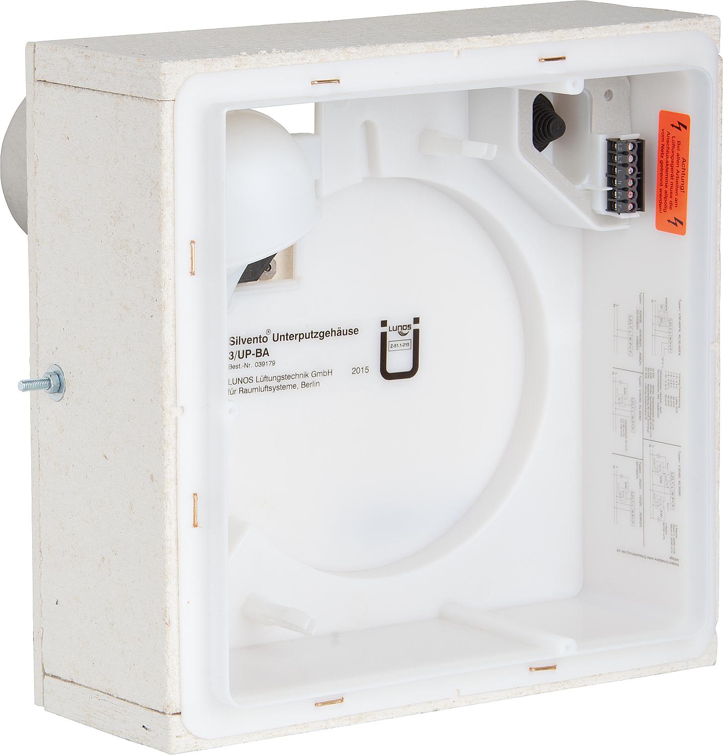 Boîtier encastré Lunos Silvento 3/UP-BA, raccord de vidange DN80, face arrière, avec protection incendie