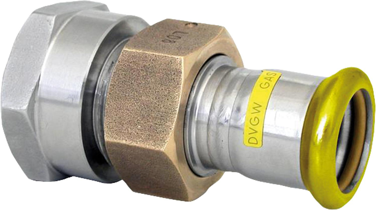 Stainless steel press fitting, gas through-connection with female thread, flat sealing, 42x1 1/2, M-profile