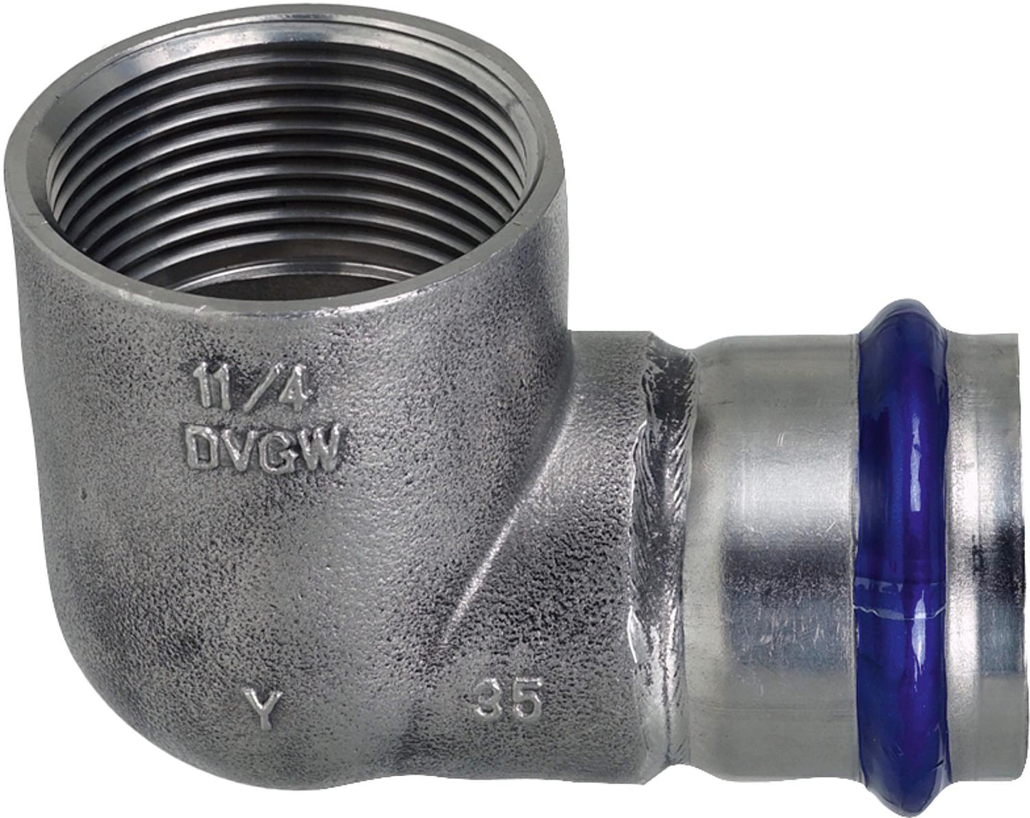 Stainless steel press fitting V-contour transition angle 90° with female thread 35mm x DN 32 (1 1/4")