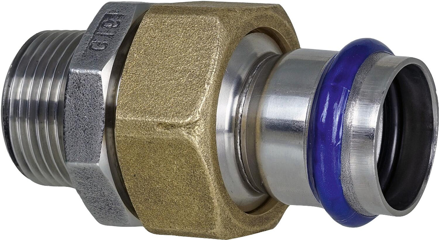Stainless steel press fitting, V-profile, straight-through fitting with male thread, flat seal, 54 mm x DN 50 (2")
