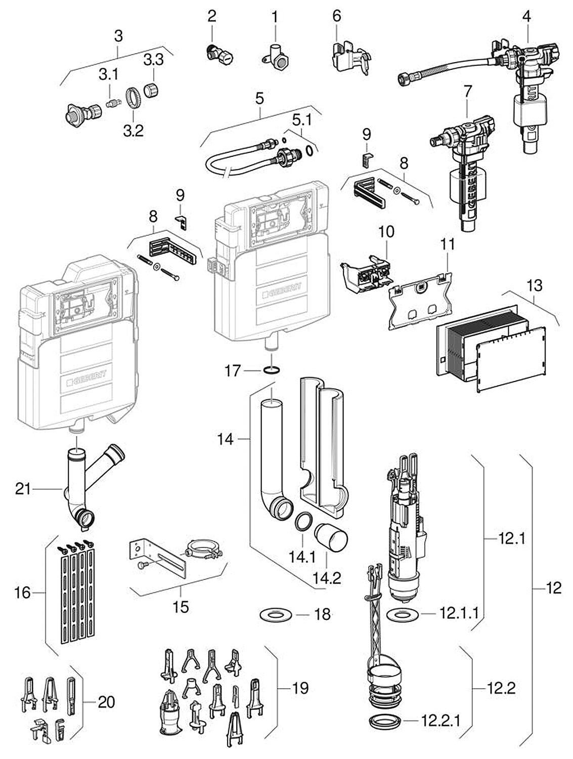 Pièces détachées pour réservoir encastré Sigma 12 cm (UP320) fabriqué à partir de 2008