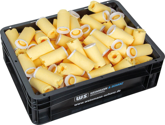 Vorteilspaket 100x Ölfiltereinsatz mit Sinterkunststoffeinsatz 50 µm Rundform - gelb + gratis WS BOX