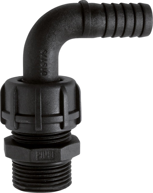 Bent hose connector, male thread, 1" plastic