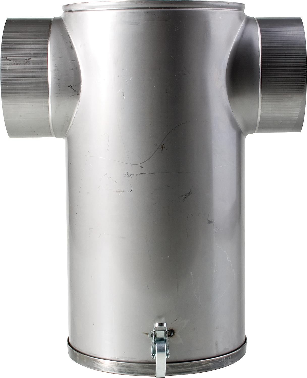 Stainless steel T-shaped silencer with removable base plate, 130 mm connection spigot