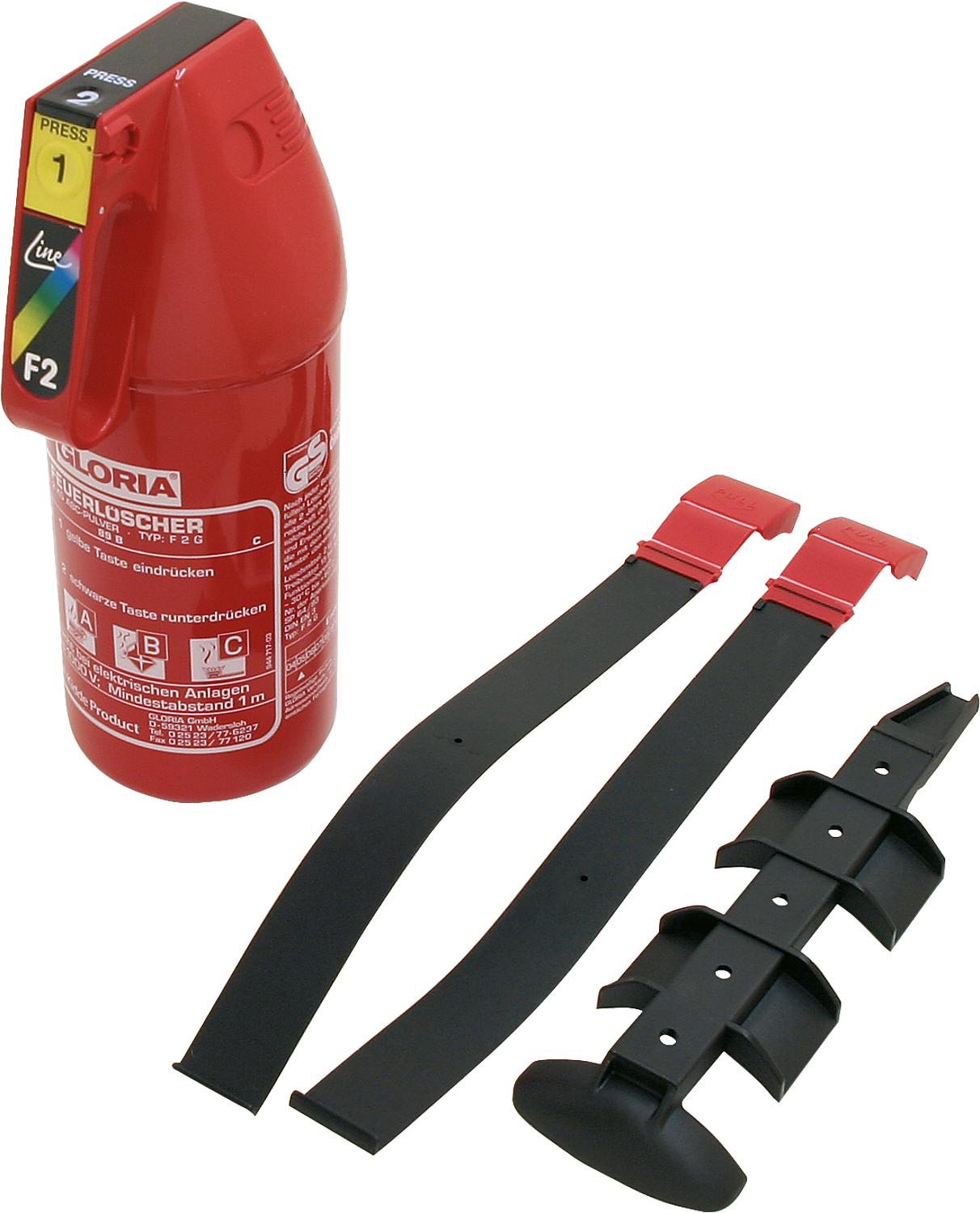 Powder fire extinguisher 2 kg type F2G, with vehicle holder