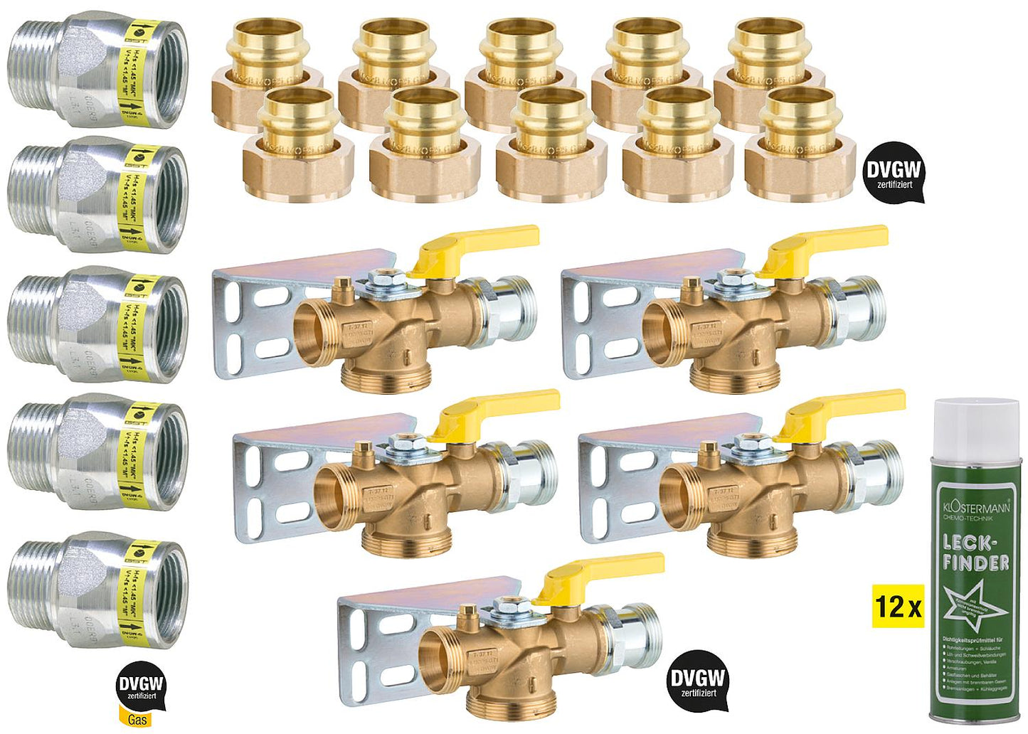 Gas installation kit with flow monitor, screw fittings, ball valve + free gas leak detection spray