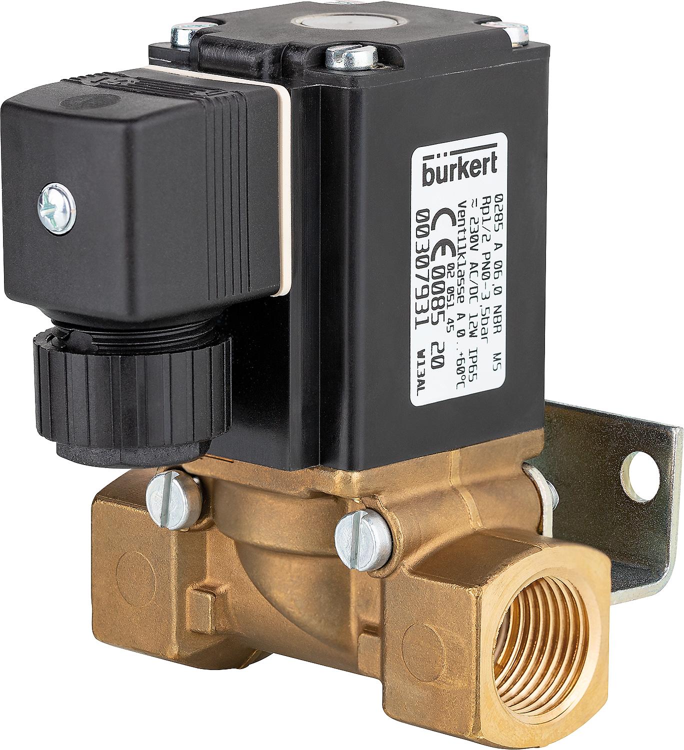 Gas solenoid valve, direct controlled, 1/2" P max 5.5 bar, DVGW tested, type 285, 230V 50Hz