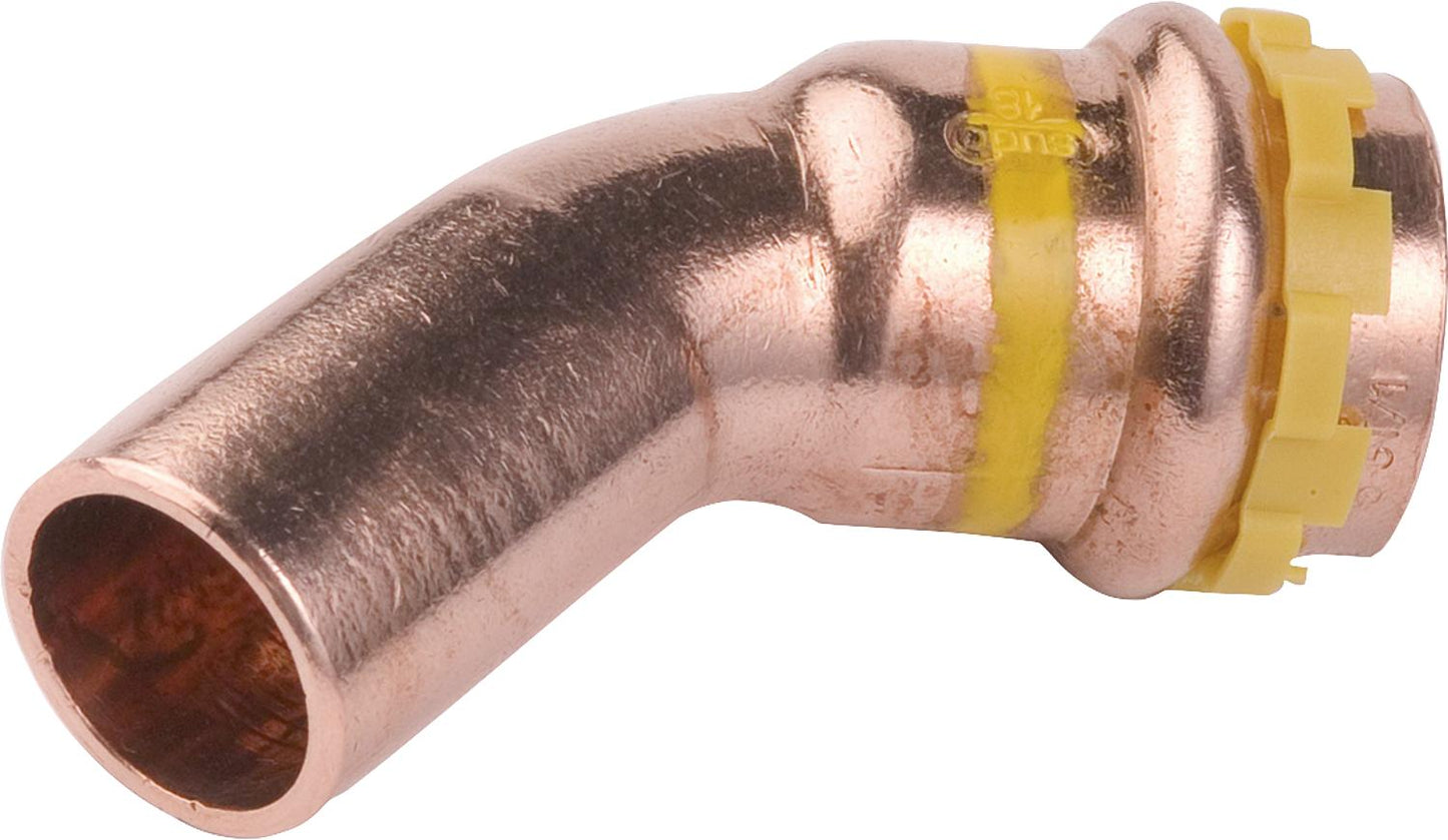 Copper press fitting gas V-contour bend 45° I/A, Ø 15 mm, PG 5040 gas