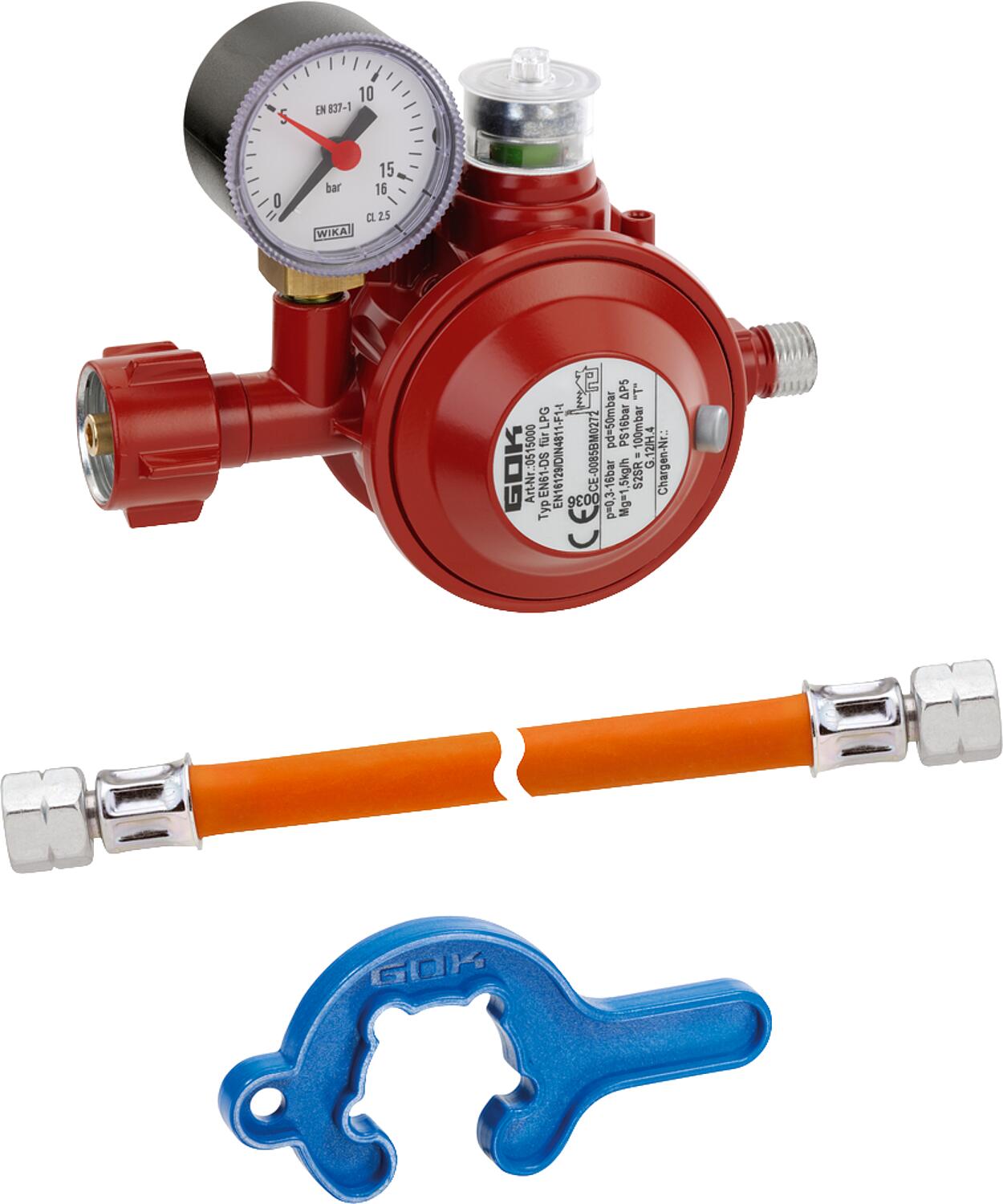 Single-cylinder system for small cylinders, type EN61-DS, KLF x G1/4" LH-ÜWM, 50 mbar, 1.5 kg/h