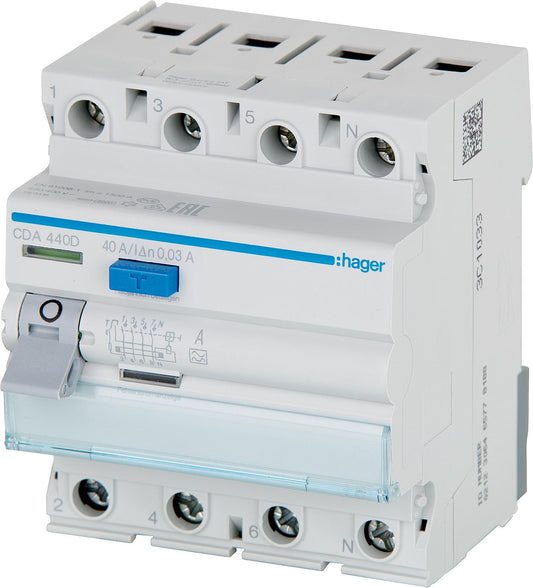 Hager 40A, 30mA, 4-pole residual current circuit breaker