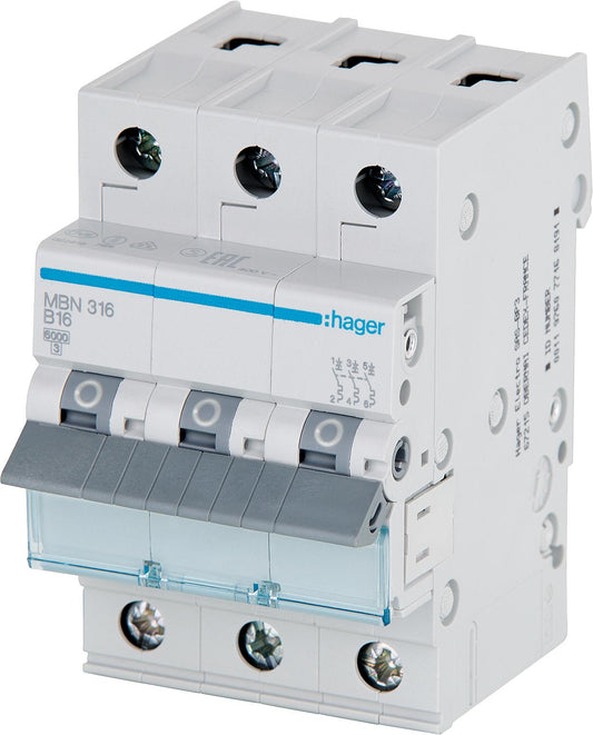 Hager B16A, 3-pole, 6kA circuit breaker