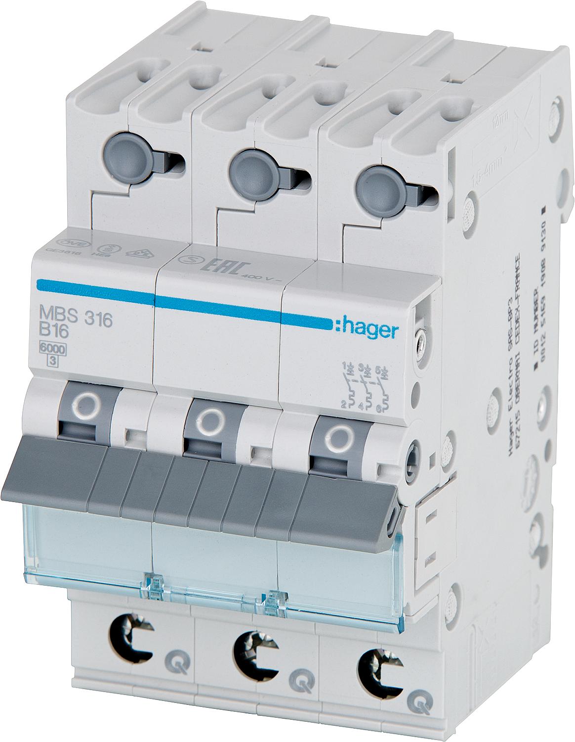 Hager B16A, 3-pole, 6kA, SSK miniature circuit breaker