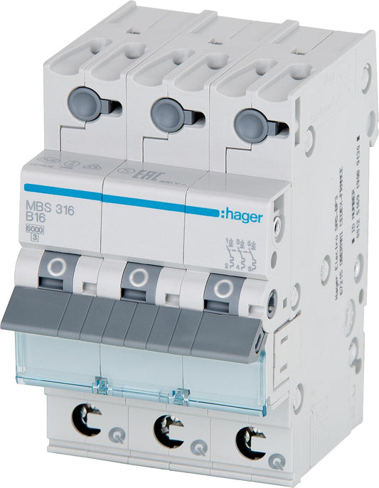 Hager B16A, 3-pole, 6kA, SSK miniature circuit breaker