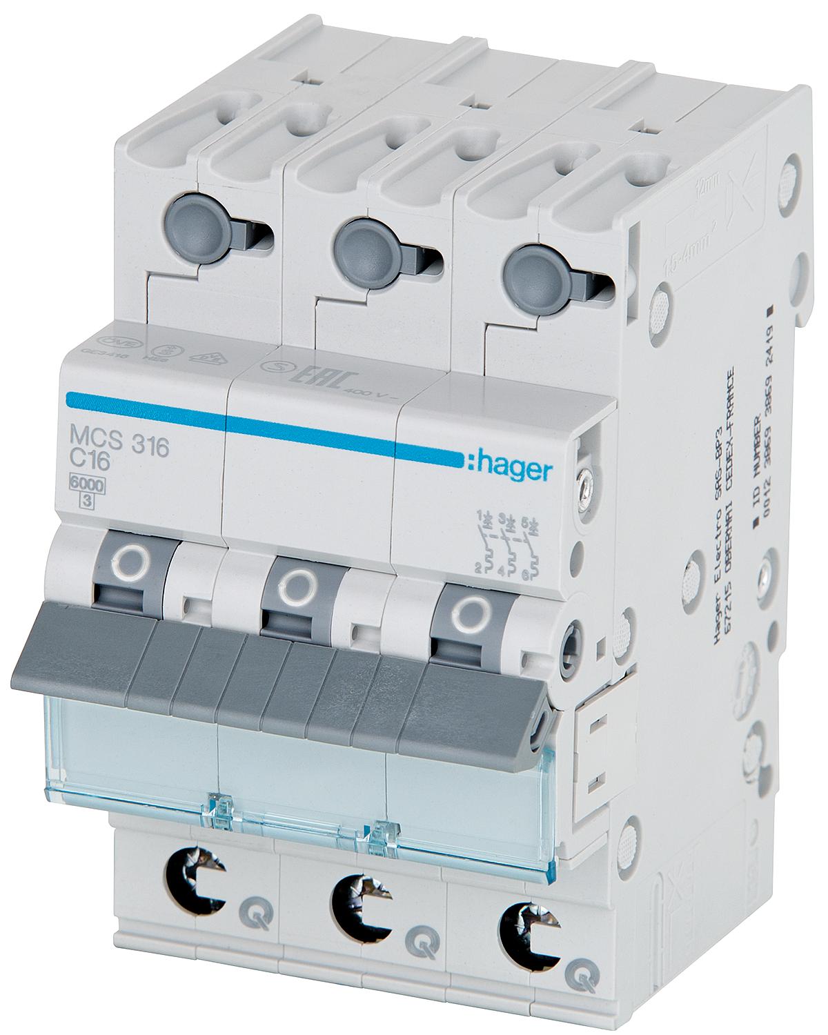 Hager B16A, 3-pole, 6kA, SSK miniature circuit breaker
