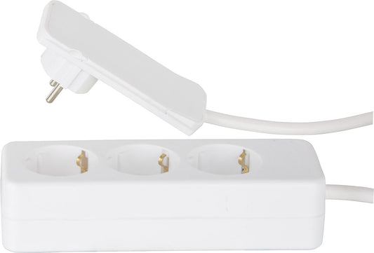 Flat Plug safety plug in white, with 1.6m cable and mounted 3-way table socket