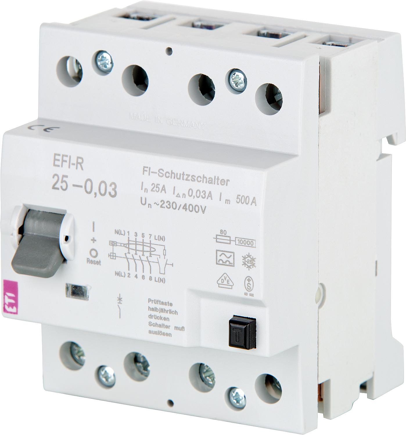 Residual current circuit breaker EFI-R, 4-pole, 25A, 30mA, 10kA, type A, instantaneous