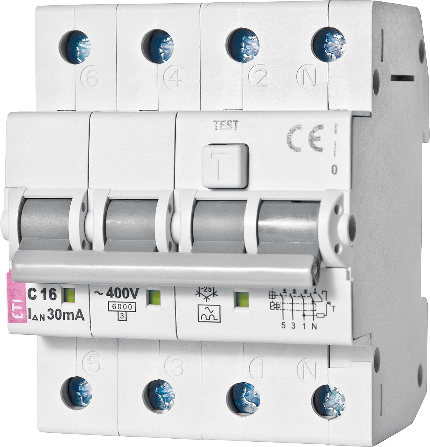 FI/LS switch KZS-4M, 3-pole+N, B16A, 30mA, 6kA, type A