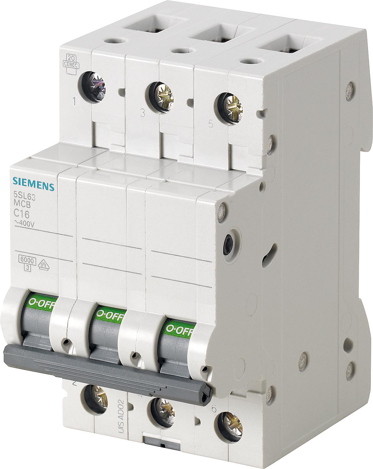 Siemens miniature circuit breaker, 6 kA, 3-pole, C25 A, 5SL6325-7
