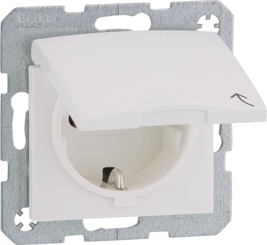 Berker 47518989 flush-mounted SCHUKO socket, with hinged cover, polar white, glossy, 1 piece