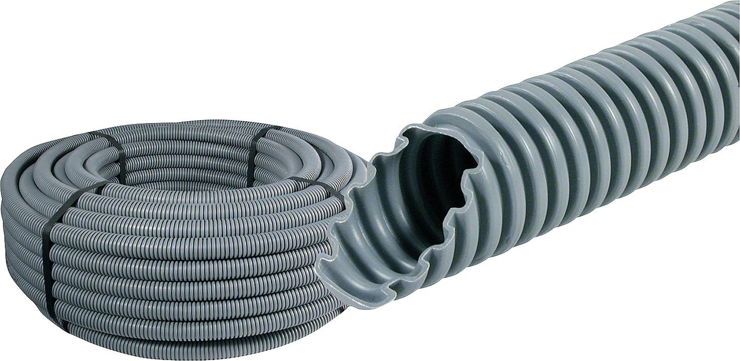 Plastic corrugated pipe MEP-FR, 750 N flame-retardant, NW 16, grey, roll of 100 m