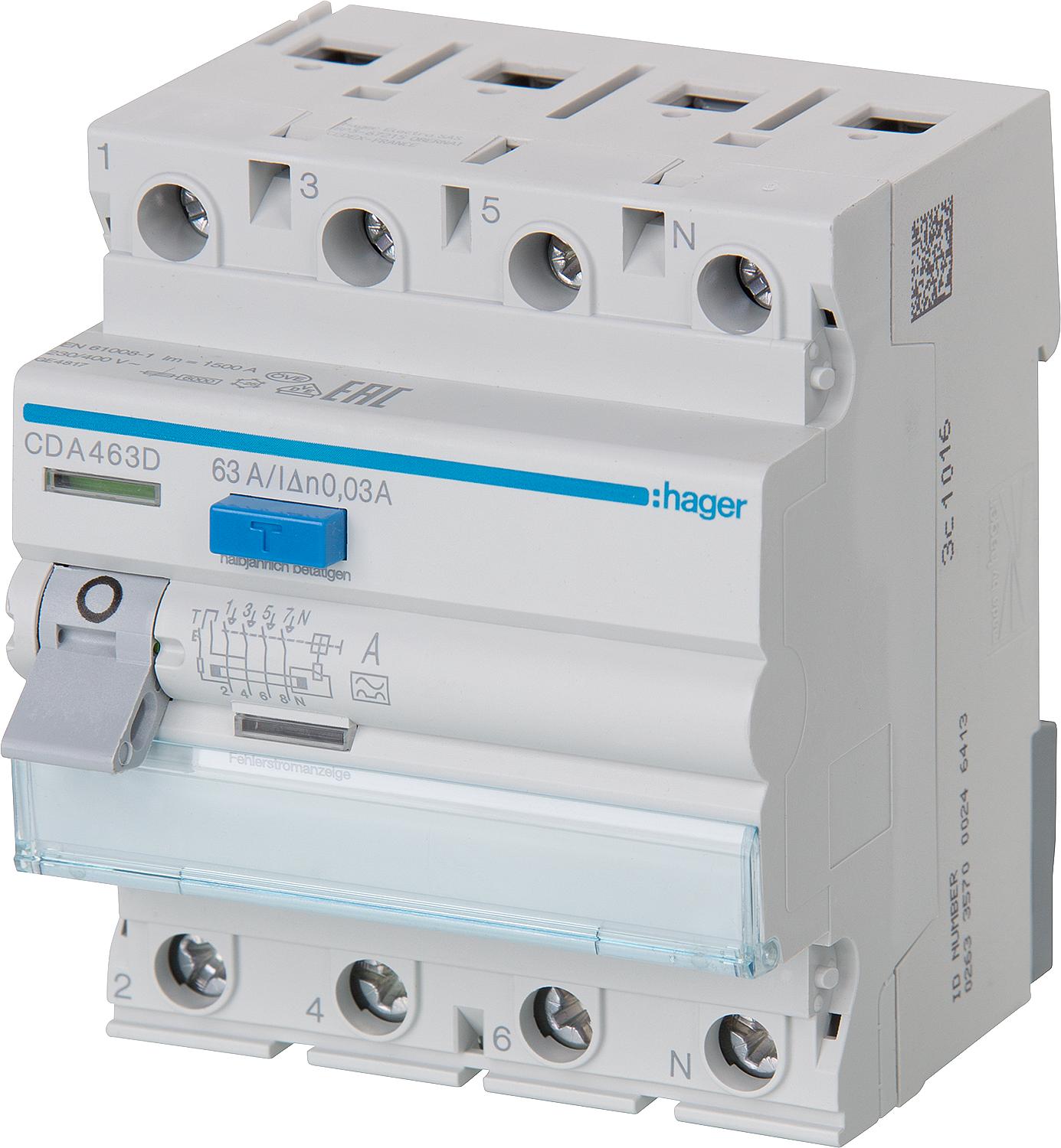 Hager 40A, 30mA, 4-pole residual current circuit breaker