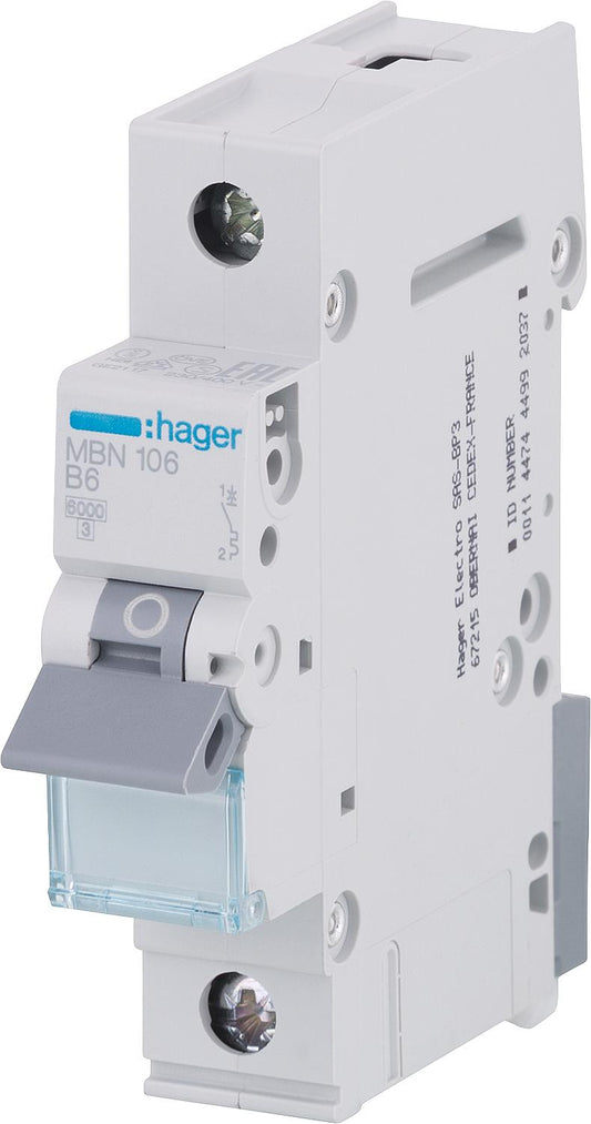 Hager circuit breaker, B6A 1p, 6kA, MBN106