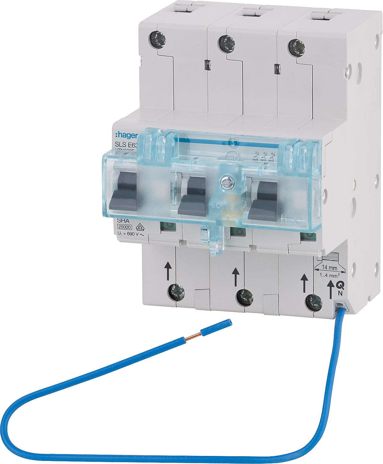 Hager 3P, 50A, DIN rail mounting circuit breaker HTN350E