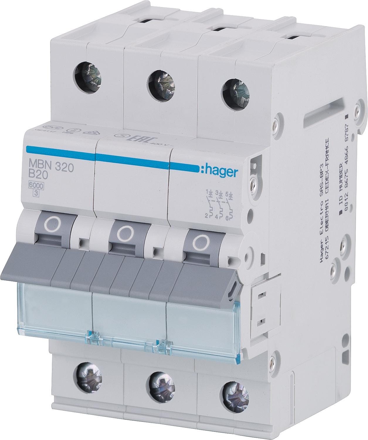 Hager B16A, 3-pole, 6kA circuit breaker