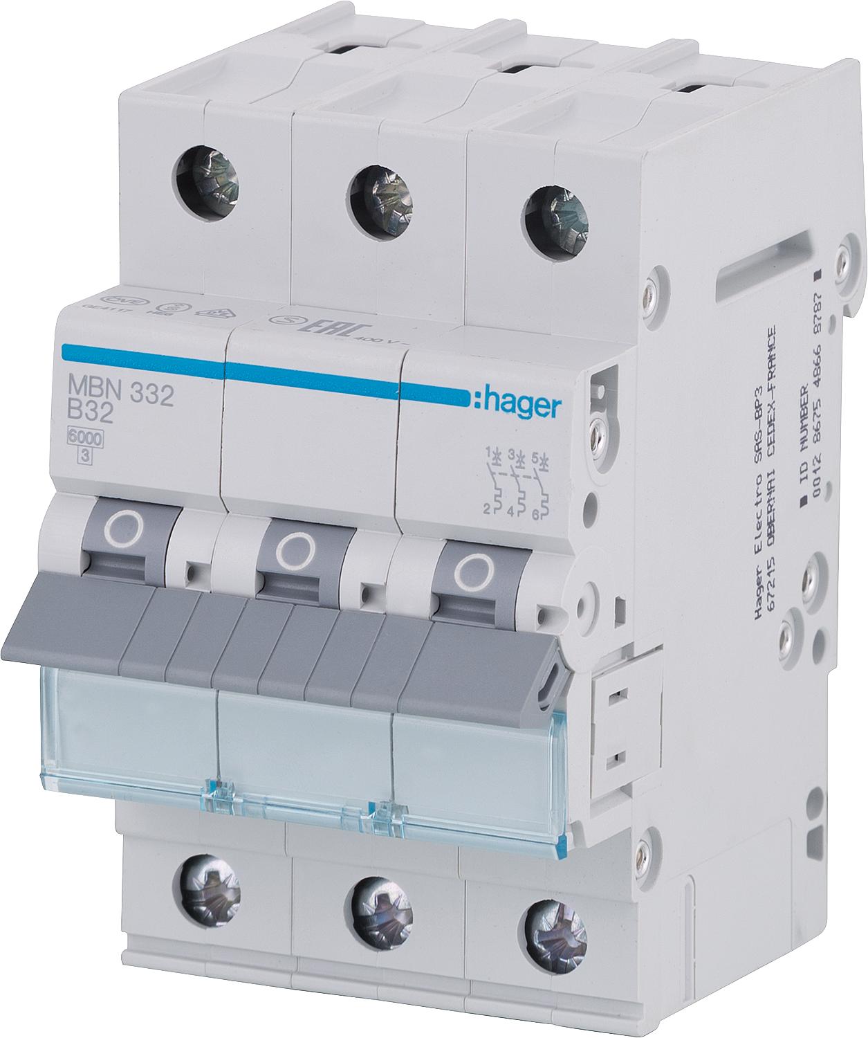 Hager B16A, 3-pole, 6kA circuit breaker