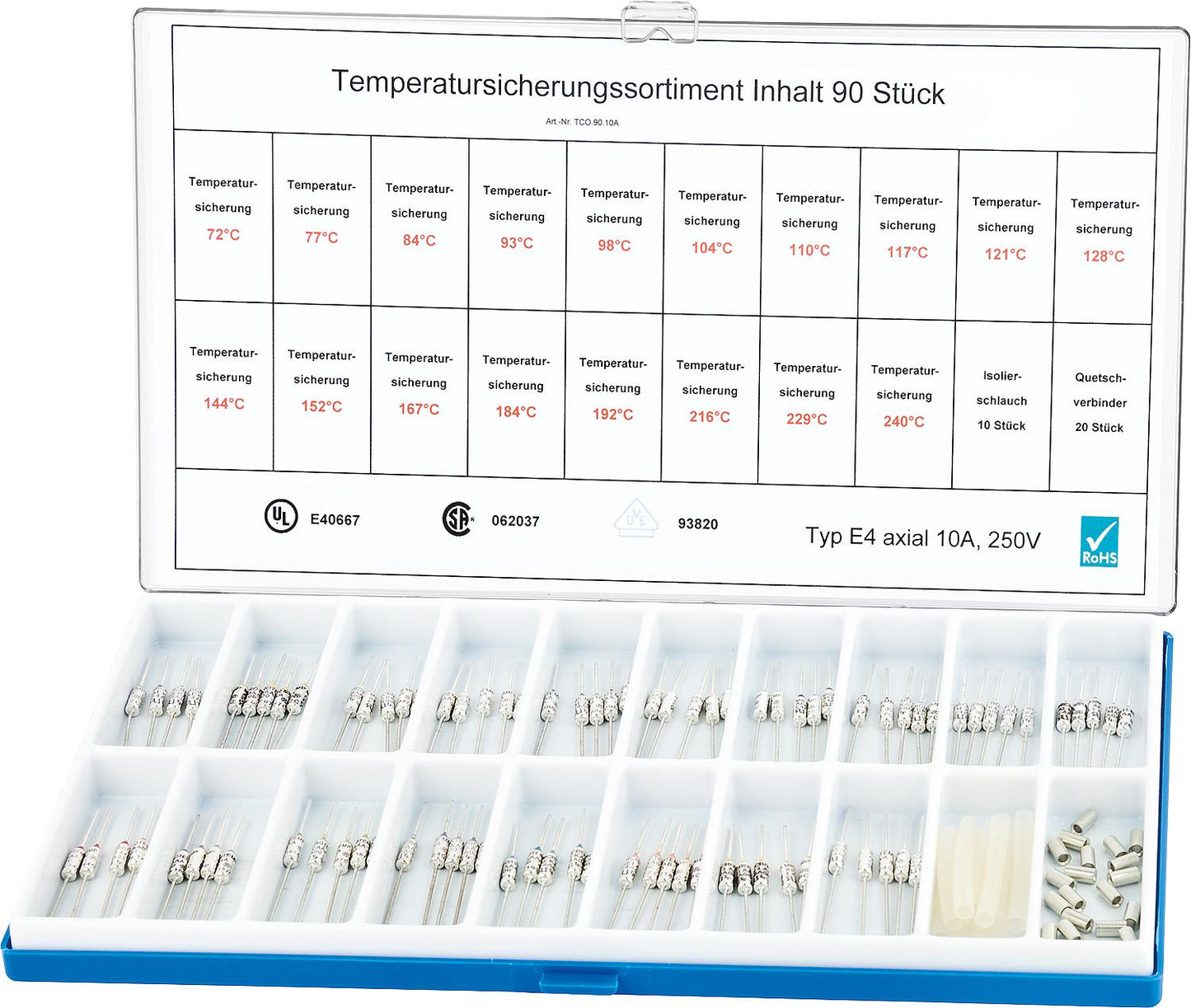 Axial temperature fuse assortment, 90 pieces