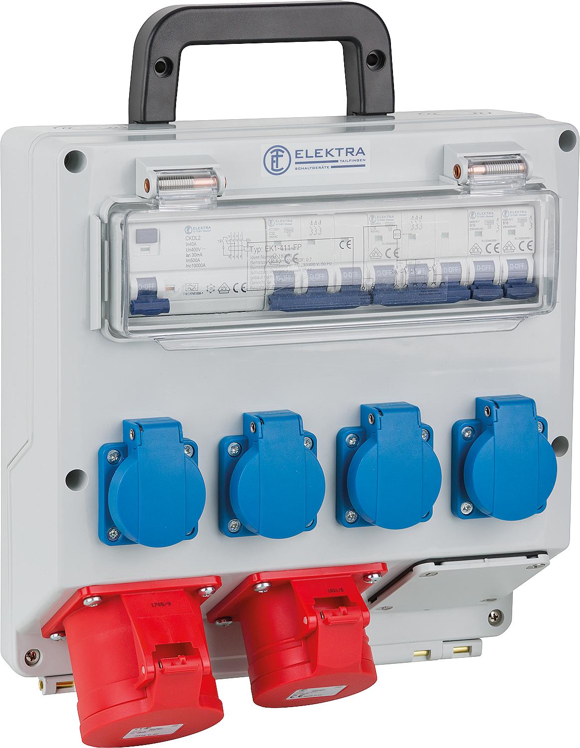 Socket combination EK1-411-FP CEE sockets: 1x 5/32A+1x5/16A, 4x Schuko sockets, 1x RCD40A