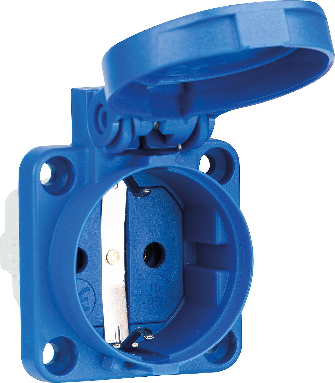 Blue recessed Schuko socket, IP54, with sealing edge
