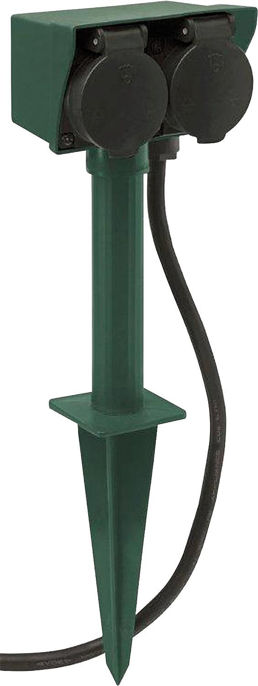 Prise double de jardin avec piquet de terre, câble de 1,5 m, noire
