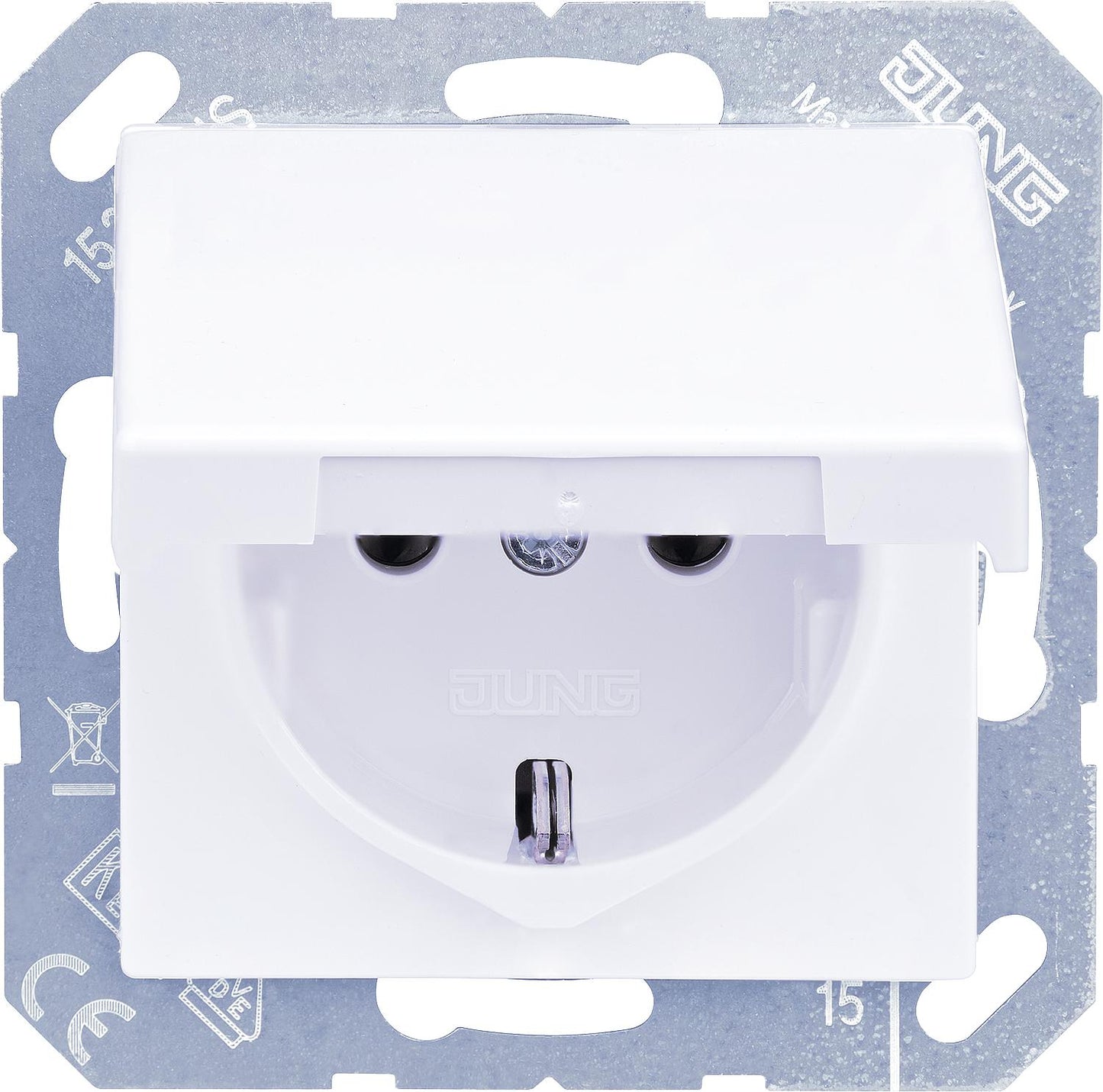 Flush-mounted Schuko socket JUNG AS1520BFKLWW AS with hinged cover, alpine white