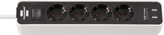 4-way power strip with 2 USB charging ports and control switch. Color: white/black. 1.5m
