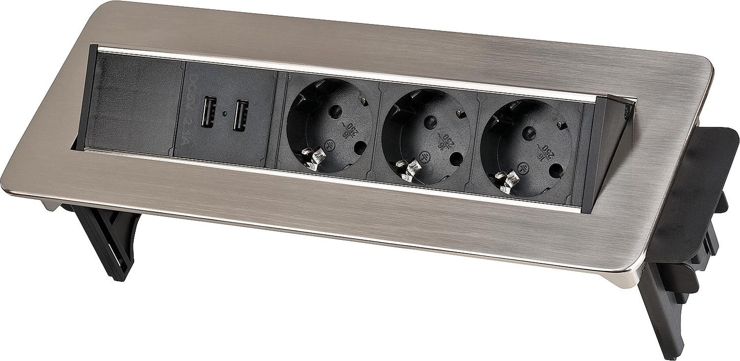 Triple recessed table socket with 2 USB charging ports. Color: aluminum.
