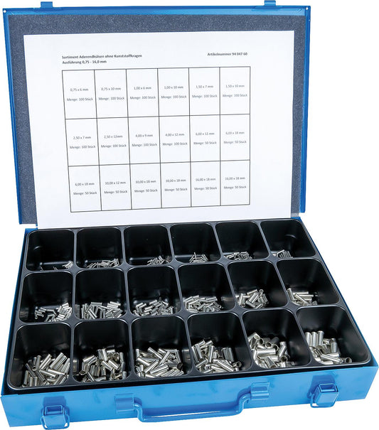Assortment case for uninsulated wire ferrules, 18-fold, 1450 pieces, 336x250x53mm